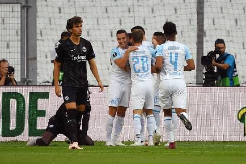 20.09.2018, xjhx, Fussball UEFA Europa League, Olympique Marseille - Eintracht Frankfurt emspor, v.l. Lucas Ocampos (Olympique Marseille) celebrate the goal, Der Torjubel zum 1:0 (DFL DFB REGULATIONS PROHIBIT ANY USE OF PHOTOGRAPHS as IMAGE SEQUENCES and or QUASI-VIDEO) Marseille
