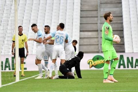 Fußball, EL, Olympique Marseille - Eintracht Frankfurt 05 LUCAS OCAMPOS (OM) - 10 DIMITRI PAYET (OM) - 31 KEVIN TRAPP (FRA) - JOIE FOOTBALL : Marseille vs Eintracht Francfort - Ligue Europa - 20 09 2018 FEP Panoramic 