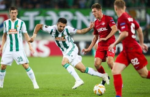 SOCCER - EL, Rapid vs Spartak VIENNA,AUSTRIA,20.SEP.18 - SOCCER - UEFA Europa League, group stage, SK Rapid Wien vs Spartak Moscow. Image shows Marvin Potzmann (Rapid) and Artem Timofeev (Spartak). GEPAxpictures xPhilippxBrem