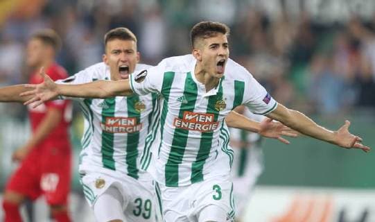 SOCCER - EL, Rapid vs Spartak VIENNA,AUSTRIA,20.SEP.18 - SOCCER - UEFA Europa League, group stage, SK Rapid Wien vs Spartak Moscow. Image shows the rejoicing of Dejan Ljubicic (Rapid) and Mert Muelduer (Rapid). GEPAxpictures xPatrickxLeuk