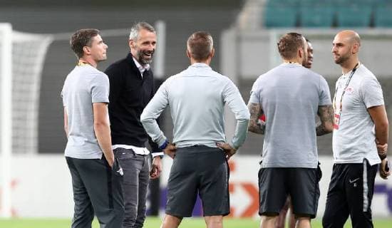 RB Leipzig - Salzburg Fussball Euro League Leipzig, 20.09.2018, Red Bull Arena, Fussball, UEFA Europa League , RB Leipzig (GER) vs. FC Salzburg (AUT) , Im Bild v.l.: Co Trainer Robert Klauß Klauss (RB Leipzig), Trainer Marco Rose (Salzburg) und Co Trainer Jesse Marsch (RB Leipzig). , UEFA Êregulations prohibit any use of photographs as image sequences and or quasi-video. ,