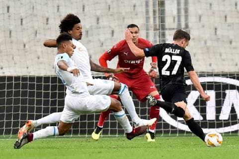 27 NICOLAI MULLER (FRA) - BUT - 19 LUIZ GUSTAVO (OM) - 04 BOUBACAR KAMARA (OM) FOOTBALL : Marseille vs Eintracht Francfort - Ligue Europa - 20 09 2018 FEP Panoramic 