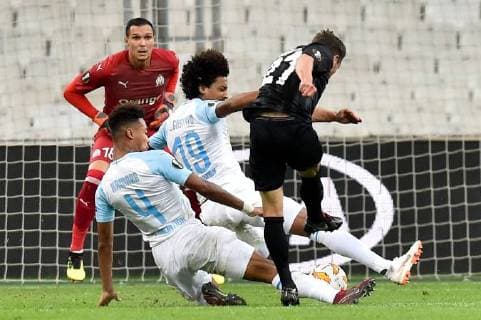 27 NICOLAI MULLER (FRA) - BUT - 19 LUIZ GUSTAVO (OM) - 16 YOHANN PELE (OM) FOOTBALL : Marseille vs Eintracht Francfort - Ligue Europa - 20 09 2018 FEP Panoramic 