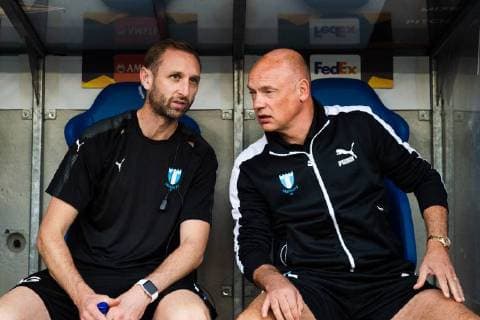180920 Assistant coach Jens Fjellström and head coach Uwe Rösler ahead of the the Europa League group stage match between Genk and Malmö FF on September 20, 2018 in Genk. Photo: Ludvig Thunman BILDBYRAN kod LT 35538 Copyright: LUDVIGxTHUNMAN BB180920LT077