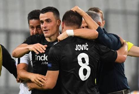 Fußball, EL, Olympique Marseille - Eintracht Frankfurt 20.09.2018, xjhx, Fussball UEFA Europa League, Olympique Marseille - Eintracht Frankfurt emspor, v.l. Luka Jovic (Eintracht Frankfurt) celebrate the goal, Der Torjubel zum 1:2 (DFL DFB REGULATIONS PROHIBIT ANY USE OF PHOTOGRAPHS as IMAGE SEQUENCES and or QUASI-VIDEO) Marseille