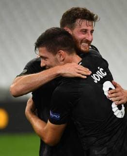 Fußball, EL, Olympique Marseille - Eintracht Frankfurt 20.09.2018, xjhx, Fussball UEFA Europa League, Olympique Marseille - Eintracht Frankfurt emspor, v.l. Luka Jovic (Eintracht Frankfurt), David Abraham (Eintracht Frankfurt) (DFL DFB REGULATIONS PROHIBIT ANY USE OF PHOTOGRAPHS as IMAGE SEQUENCES and or QUASI-VIDEO) Marseille