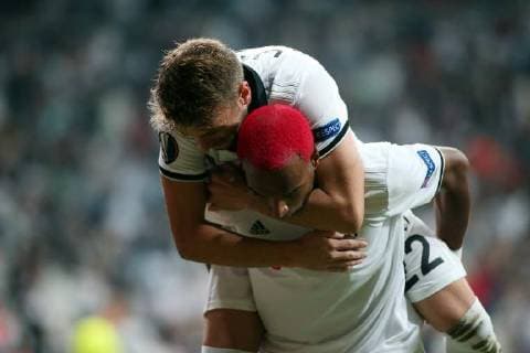 Fußball, EL, Besiktas - Sarpsborg 08 Besiktas Ryan Babel (8) celebrates his goal with teammate Adem Ljajic, during the Europa League Group I soccer match between Besiktas and Sarpsborg in Istanbul, Thursday, Sept. 20, 2018. (Depo Photos)  Copyright: BesiktasxJK 16120362