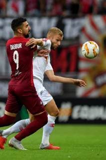 SOCCER - EL, RB Leipzig vs RBS LEIPZIG,GERMANY,20.SEP.18 - SOCCER - UEFA Europa League, group stage, RasenBallsport Leipzig vs Red Bull Salzburg. Image shows Munas Dabbur (RBS) and Konrad Laimer (RB Leipzig). GEPAxpictures xFlorianxErtl