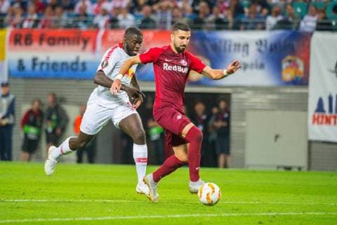 GER, UEFA Europa League, RB Leipzig (GER) vs. FC Salzburg (AUT) 20.09.2018, Red Bull Arena, Leipzig, GER, UEFA Europa League, RB Leipzig (GER) vs. FC Salzburg (AUT), im Bild Dribbeling des Torschuetzen zum 0:1 für den FC Salzburg durch Munas Dabbur ( 9, FC Salzburg),