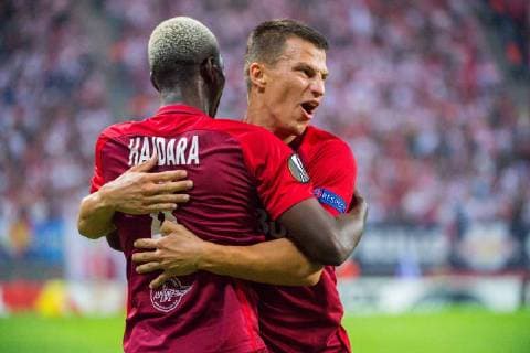 GER, UEFA Europa League, RB Leipzig (GER) vs. FC Salzburg (AUT) 20.09.2018, Red Bull Arena, Leipzig, GER, UEFA Europa League, RB Leipzig (GER) vs. FC Salzburg (AUT), im Bild Jubel des Torschuetzen zum 0:2 für den FC Salzburg durch Amadou Haidara ( 4, FC Salzburg),