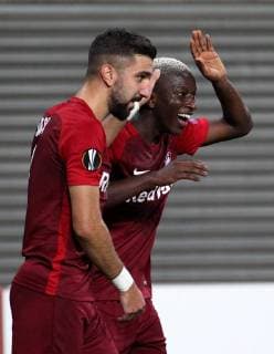 GER, Europa League, Gruppen B, RasenBallsport Leipzig vs Besiktas Istanbul 20.09.18 , Leipzig, Red Bull Arena, GER, Saison 2018 2019, UEFA Europa League, Gruppe B, 1.Spieltag von 6 RasenBallsport Leipzig vs FC Red Bull Salzburg im Bild Torjubel Amadou Haidara (Salzburg) nach dem Tor zum 0:2 , hier mit Munas Dabbur DFL regulations prohibit any use of photographs as image sequences and or quasi-video