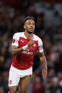 Fußball, EL, FC Arsenal - Worskla Poltawa Pierre-Emerick Aubameyang of Arsenal celebrates scoring the opening goal during the UEFA Europa League Group E match at the Emirates Stadium, London. Picture date 20th September 2018. Picture credit should read: Craig Mercer Sportimage EDITORIAL USE ONLY. No use with unauthorised audio, video, data, fixture lists, club league logos or live services. Online in-match use limited to 120 images, no video emulation. No use in betting, games or single club league player publications.