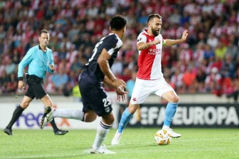 Fußball, EL, Slavia Prag - Girondins Bordeaux PRAGUE 20.09.2018 PILKA NOZNA FOOTBALL LIGA EUROPY - UEFA EUROPA LEAGUE SLAVIA PRAHA - GIRONDINS BORDEAUX NZ. JOSEF HUSBAUER (SLAVIA) FOT. MICHAL CHWIEDUK FOKUSMEDIA.COM.PL NEWSPIX.PL --- Newspix.pl FRANCE OUT!  180920CHW007