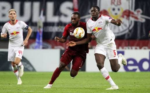 GER, Europa League, Gruppen B, RasenBallsport Leipzig vs Besiktas Istanbul 20.09.18 , Leipzig, Red Bull Arena, GER, Saison 2018 2019, UEFA Europa League, Gruppe B, 1.Spieltag von 6 RasenBallsport Leipzig vs FC Red Bull Salzburg im Bild Ibrahima Konate (Leipzig) gegen Reinhold Yabo (Salzburg) DFL regulations prohibit any use of photographs as image sequences and or quasi-video