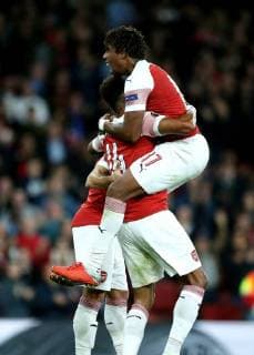 & xa7;20th September 2018, Emirates Stadium, London, England; UEFA Europa League football, Arsenal versus Vorskla Poltava; Pierre-Emerick Aubameyang of Arsenal celebrates scoring his sides 3rd goal in the 56th minute to make it 3-0 with Alex Iwobi of Arsenal  ActionPlus12064074 JohnxPatrickxFletcher