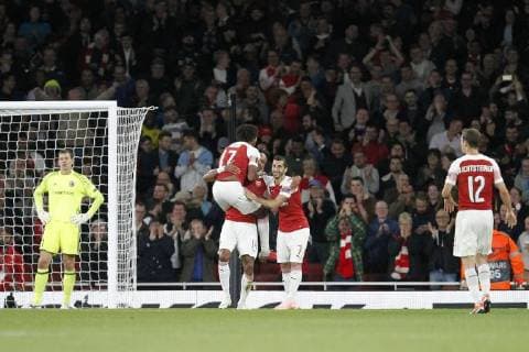 GOAL - Pierre-Emerick Aubamayang of Arsenal is mobbed after scoring his second goal during the UEFA Europa League Group Stage match between Arsenal FC and FC Vorskla Poltava at the Emirates Stadium, London, England on 20 September 2018. Copyright: xCarltonxMyriex 21100016