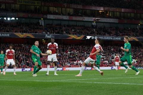 Mesut Ozil of Arsenal scores his side s fourth goal during the UEFA Europa League Group E match at the Emirates Stadium, London. Picture date 20th September 2018. Picture credit should read: Craig Mercer Sportimage EDITORIAL USE ONLY. No use with unauthorised audio, video, data, fixture lists, club league logos or live services. Online in-match use limited to 120 images, no video emulation. No use in betting, games or single club league player publications.