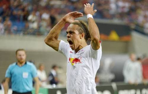 UEFA Europa League 2018 2019 Gruppenphase Group Stage, 1. Spieltag, RB Leipzig vs. FC Salzburg (Red Bull Salzburg) (20.09.2018) Jubel bei Yussuf Poulsen (Leipzig) nach seinem Tor zum 2:2. Leipzig Sachsen Deutschland