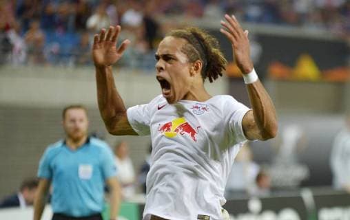 UEFA Europa League 2018 2019 Gruppenphase Group Stage, 1. Spieltag, RB Leipzig vs. FC Salzburg (Red Bull Salzburg) (20.09.2018) Jubel bei Yussuf Poulsen (Leipzig) nach seinem Tor zum 2:2. Leipzig Sachsen Deutschland