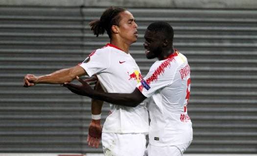 GER, Europa League, Gruppen B, RasenBallsport Leipzig vs Besiktas Istanbul 20.09.18 , Leipzig, Red Bull Arena, GER, Saison 2018 2019, UEFA Europa League, Gruppe B, 1.Spieltag von 6 RasenBallsport Leipzig vs FC Red Bull Salzburg im Bild Torjubel Yussuf Poulsen und Dayot Upamecano (Leipzig) nach dem Tor zum 2:2 Ausgleich DFL regulations prohibit any use of photographs as image sequences and or quasi-video