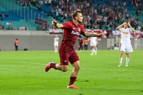 20.09.2018, xtgx, Fussball UEFA Europa League, RB Leipzig - FC Salzburg emspor, v.l. Fredrik Gulbrandsen (Salzburg, 21) Jubel, Torjubel, jubelt über das Tor, celebrate the goal, celebration (DFL DFB REGULATIONS PROHIBIT ANY USE OF PHOTOGRAPHS as IMAGE SEQUENCES and or QUASI-VIDEO) Leipzig