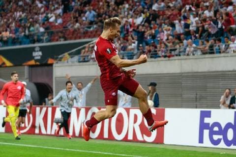 20.09.2018, xtgx, Fussball UEFA Europa League, RB Leipzig - FC Salzburg emspor, v.l. Fredrik Gulbrandsen (Salzburg, 21) Jubel, Torjubel, jubelt über das Tor, celebrate the goal, celebration (DFL DFB REGULATIONS PROHIBIT ANY USE OF PHOTOGRAPHS as IMAGE SEQUENCES and or QUASI-VIDEO) Leipzig