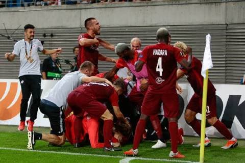 20.09.2018, xtgx, Fussball UEFA Europa League, RB Leipzig - FC Salzburg emspor, v.l. salzburg nach tor zum 2:3 durch Fredrik Gulbrandsen (Salzburg, 21) Jubel, Torjubel, jubelt über das Tor, celebrate the goal, celebration (DFL DFB REGULATIONS PROHIBIT ANY USE OF PHOTOGRAPHS as IMAGE SEQUENCES and or QUASI-VIDEO) Leipzig