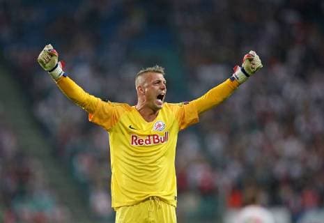 20.09.2018, Fussball UEFA Europa League 2018 2019, Gruppenphase, 1.Spieltag, RB Leipzig - FC Salzburg, in der Red Bull Arena Leipzig. Jubel Torwart Alexander Walke (RB Salzburg) zum Tor zum 2:3