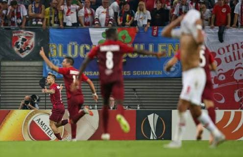 20.09.2018, Fussball UEFA Europa League 2018 2019, Gruppenphase, 1.Spieltag, RB Leipzig - FC Salzburg, in der Red Bull Arena Leipzig. Jubel Torschütze Fredrik Gulbrandsen (li., RB Salzburg) zum Tor zum 2:3