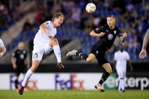 Genk s Sander Berge and Malmo FF s midfielder Arnor Ingvi Traustason fight for the ball during the match between Belgian soccer team KRC Genk and Swedish club Malmo FF in Genk, Thursday 20 September 2018, on day one of the UEFA Europa League group stage. YORICKxJANSENS  x05430358x