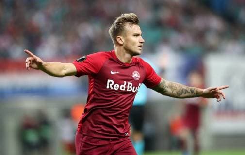 RB Leipzig - Salzburg Fussball Euro League Leipzig, 20.09.2018, Red Bull Arena, Fussball, UEFA Europa League , RB Leipzig (GER) vs. FC Salzburg (AUT) 2:3 (0:2) , Im Bild: Torschütze Fredrik Gulbrandsen (21, Salzburg), Torjubel nach seinem Treffer zum 2:3. , UEFA Êregulations prohibit any use of photographs as image sequences and or quasi-video. ,