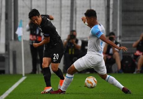 20.09.2018, xjhx, Fussball UEFA Europa League, Olympique Marseille - Eintracht Frankfurt emspor, v.l. Makoto Hasebe (Eintracht Frankfurt), Boubacar Kamara (Olympique Marseille) (DFL DFB REGULATIONS PROHIBIT ANY USE OF PHOTOGRAPHS as IMAGE SEQUENCES and or QUASI-VIDEO) Marseille