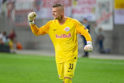 Jubel, celebration bei Alexander Walke (Salzburg, 33) über das Tor zum 2:3 Endstand, Fussball, UEFA Europa League, RB Leipzig - FC Salzburg,