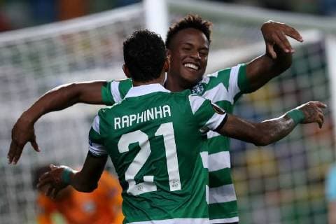 September 20, 2018 - Lisbon, Portugal - Sporting s forward Jovane Cabral from Cabo Verde (R ) celebrates after scoring Sporting s second goal with forward Raphinha from Brazil (L) who scores the first during the UEFA Europa League Group E football match Sporting CP vs Qarabag at Alvalade stadium in Lisbon, on September 20, 2018. UEFA Europa League Group E football match Sporting CP vs Qarabag - ZUMAf123 20180920_zap_f123_015 Copyright: xPedroxFiuzax