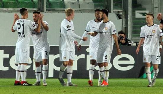 20.09.2018 Razgrad(Bulgaria) PFC Ludogorets-Bayer 04 Leverkusen Europa League men s football Kevin Voland(2L),Isaac Kiese Thelin(4L),Aleksandar Dragovic(5L) and Mitchell Weiser(r)Bayer 04 Leverkusen celebrate goal : 