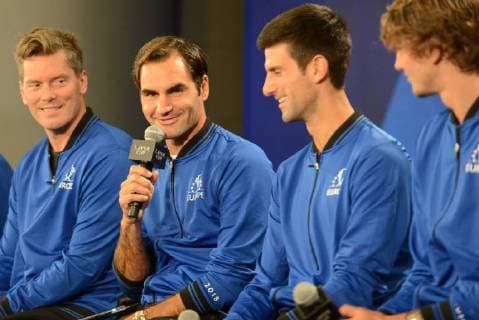 September 20, 2018 - Chicago, Illinois, United States - ROGER FEDERER , NOVAK DJOKOVIC , ALEXANDER ZVEREV and other members of the World Team speak with the media prior to the start of the 2018 Laver Cup tennis event in Chicago. Tennis 2018: Laver Cup - ZUMAl132 20180920_zap_l132_005 Copyright: xChristopherxLevyx