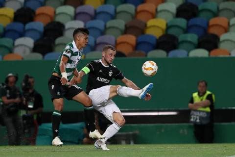 September 20, 2018 - Lisbon, Portugal - Qarabag s defender Maksim Medvedev (R ) vies with Sporting s forward Fredy Montero from Colombia during the UEFA Europa League Group E football match Sporting CP vs Qarabag at Alvalade stadium in Lisbon, on September 20, 2018. UEFA Europa League Group E football match Sporting CP vs Qarabag - ZUMAf123 20180920_zap_f123_023 Copyright: xPedroxFiuzax