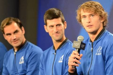 September 20, 2018 - Chicago, Illinois, United States - NOVAK DJOKOVIC and ALEXANDER ZVEREV speak with the media prior to the start of the 2018 Laver Cup tennis event in Chicago. Tennis 2018: Laver Cup - ZUMAl132 20180920_zap_l132_006 Copyright: xChristopherxLevyx