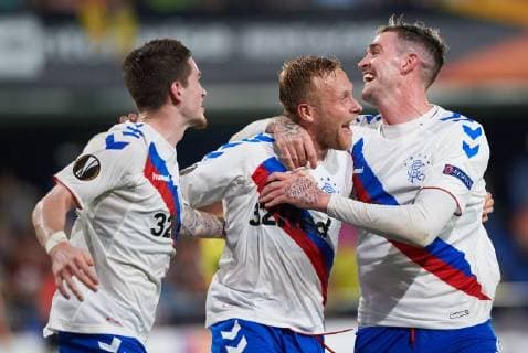 September 20, 2018 - Villarreal, Castellon, Spain - Ryan Kent, Scott Arfield and Kyle Lafferty of Rangers FC celebrates a goal during the UEFA Europa League Group G match between Villarreal CF and Rangers FC at La Ceramica Stadium on September 20, 2018 in Vila-real, Spain. Villarreal CF v Rangers - UEFA Europa League  - ZUMAn230 20180920_zaa_n230_419 Copyright: xMariaxJosexSegoviax