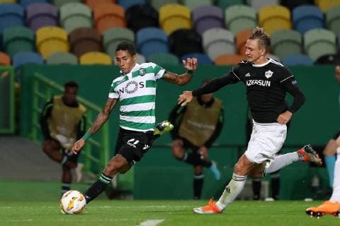 September 20, 2018 - Lisbon, Portugal - Sporting s forward Raphinha from Brazil (L) , vies with Qarabag s defender Jakub Rzezniczak during the UEFA Europa League Group E football match Sporting CP vs Qarabag at Alvalade stadium in Lisbon, on September 20, 2018. Sporting CP v Qarabag FK - UEFA Europa League - Group E  - ZUMAn230 20180920_zaa_n230_372 Copyright: xPedroxFiuzax