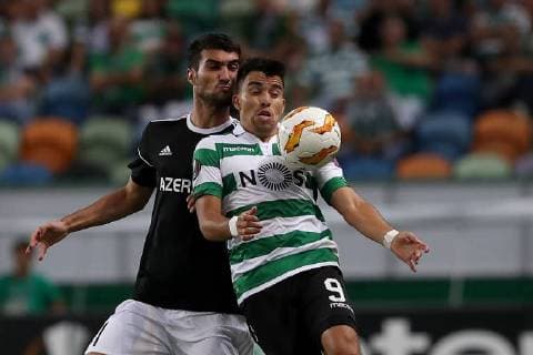September 20, 2018 - Lisbon, Portugal - Sporting s forward Marcos Acuna from Argentina (R ) vies with Qarabag s midfielder Mahir Madatov during the UEFA Europa League Group E football match Sporting CP vs Qarabag at Alvalade stadium in Lisbon, on September 20, 2018. Sporting CP v Qarabag FK - UEFA Europa League - Group E  - ZUMAn230 20180920_zaa_n230_352 Copyright: xPedroxFiuzax