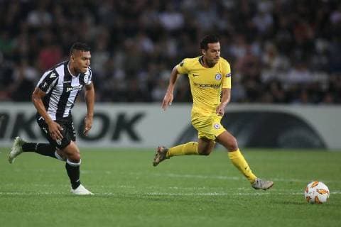 September 20, 2018 - Thessaloniki, Greece - Chelsea s forward Pedro (Right) in action during a match between PAOK and Chelsea. Group Stage Europa League soccer match between PAOK FC and Chelsea FC. Greece Soccer PAOK Chelsea Europa League - ZUMAp191 85599317st Copyright: xGiannisxPapanikosx