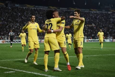 September 20, 2018 - Thessaloniki, Greece - Chelsea players celebrate after scoring a goal during a match between PAOK FC and Chelsea FC. Group Stage Europa League soccer match between PAOK FC and Chelsea FC. Greece Soccer PAOK Chelsea Europa League - ZUMAp191 85599326st Copyright: xGiannisxPapanikosx