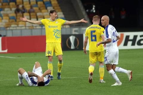 Defender Evgeni Postnikov (2nd L) of FC Astana reacts during the UEFA Europa League Group K Matchday 1 match against FC Dynamo Kyiv at the NSC Olimpiyskiy, Kyiv, capital of Ukraine, September 20, 2018. Ukrinform. KYIV. FC Dynamo Kyiv and FC Astana have played to a 2-2 draw in the UEFA Europa League Group K Matchday 1 fixture on the pitch of the NSC Olimpiyskiy in the Ukrainian capital, Kyiv. Midfielder Viktor Tsyhankov of Dynamo scored an opener 11 minutes into the game. Astana s defender Marin Anicic planted an equaliser 10 minutes later. The hosts responded with a goal in added time after the first half (Harmash, 45+1). The team from Kazakhstan managed to snatch a draw only during extra time with forward Roman Murtazayev s goal (90+5).  Copyright: xPavlo_Bagmutx