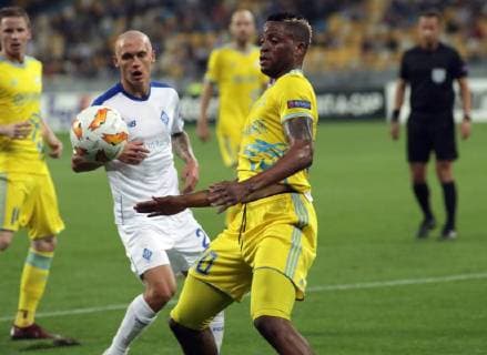 Forward Junior Kabananga of FC Astana is seen in action during the UEFA Europa League Group K Matchday 1 match against FC Dynamo Kyiv at the NSC Olimpiyskiy, Kyiv, capital of Ukraine, September 20, 2018. Ukrinform. KYIV. FC Dynamo Kyiv and FC Astana have played to a 2-2 draw in the UEFA Europa League Group K Matchday 1 fixture on the pitch of the NSC Olimpiyskiy in the Ukrainian capital, Kyiv. Midfielder Viktor Tsyhankov of Dynamo scored an opener 11 minutes into the game. Astana s defender Marin Anicic planted an equaliser 10 minutes later. The hosts responded with a goal in added time after the first half (Harmash, 45+1). The team from Kazakhstan managed to snatch a draw only during extra time with forward Roman Murtazayev s goal (90+5). 2-2 draw for Dynamo, Astana in Kyiv  Copyright: xPavlo_Bagmutx