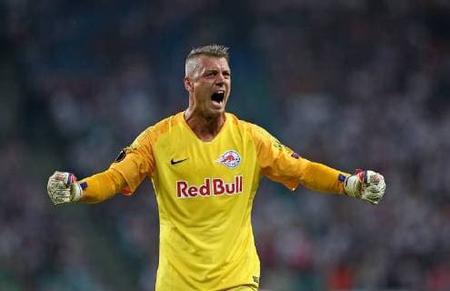 20.09.2018, Fussball UEFA Europa League 2018 2019, Gruppenphase, 1.Spieltag, RB Leipzig - FC Salzburg, in der Red Bull Arena Leipzig. Jubel Torwart Alexander Walke (RB Salzburg) zum Tor zum 2:3
