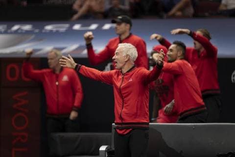 September 21, 2018 - Chicago, Illinois, U.S - Team World coach JOHN MCENROE and members of Team World cheer after JACK SOCK of the United States wins the second set during the second singles match on Day One of the Laver Cup at the United Center in Chicago, Illinois. Laver Cup Day 1 - ZUMAl140 20180921_zap_l140_047 Copyright: xShelleyxLiptonx