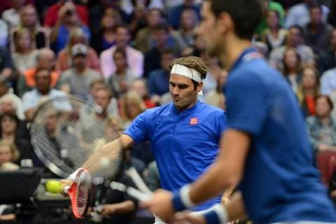 September 21, 2018 - Chicago, Illinois, United States - ROGER FEDERER and NOVAK DJOKOVIC in doubles action in the 2018 Laver Cup tennis event in Chicago. Tennis 2018: Laver Cup - ZUMAl132 20180921_zap_l132_019 Copyright: xChristopherxLevyx