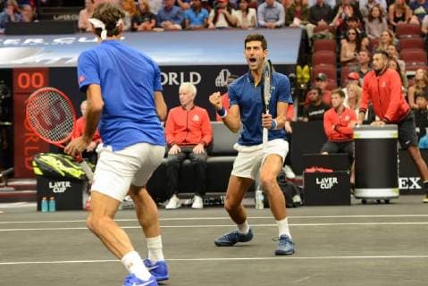 September 21, 2018 - Chicago, Illinois, United States - ROGER FEDERER and NOVAK DJOKOVIC in doubles action in the 2018 Laver Cup tennis event in Chicago. Tennis 2018: Laver Cup - ZUMAl132 20180921_zap_l132_022 Copyright: xChristopherxLevyx
