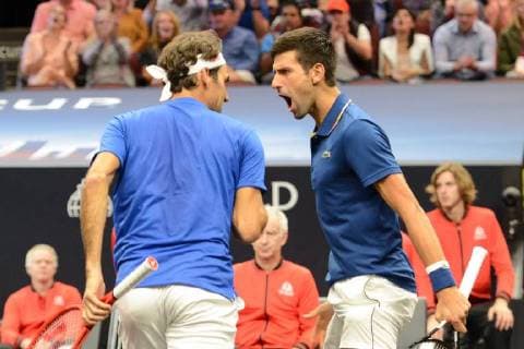 September 21, 2018 - Chicago, Illinois, United States - ROGER FEDERER and NOVAK DJOKOVIC in doubles action in the 2018 Laver Cup tennis event in Chicago. Tennis 2018: Laver Cup - ZUMAl132 20180921_zap_l132_027 Copyright: xChristopherxLevyx